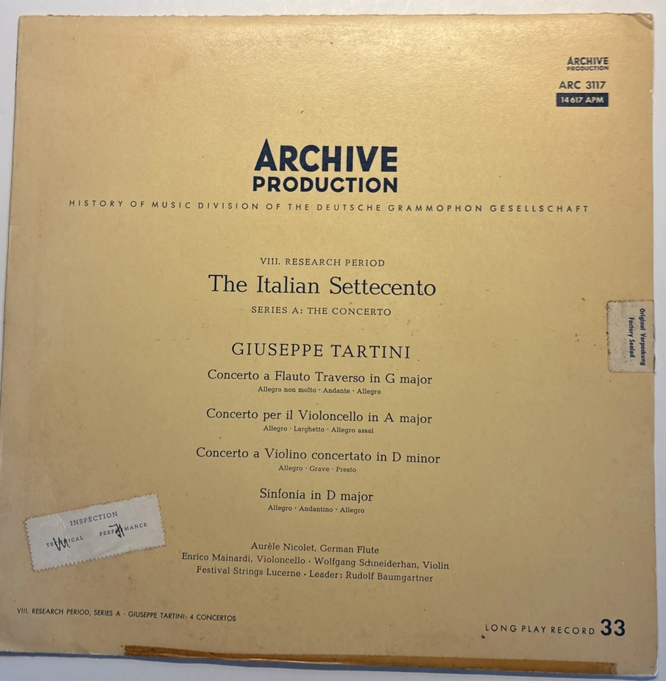 ITALIAN SETTECENTO - SERIES A: THE CONCERTO - GIUSEPPE TARTINI - LP ARC 3117 - Image 1 of 4