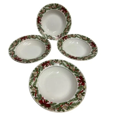 SET OF 4 AMERICAN ATELIER SANTA 5052 PORCELAIN BOWLS CHRISTMAS HOLLY - Image 1 of 4