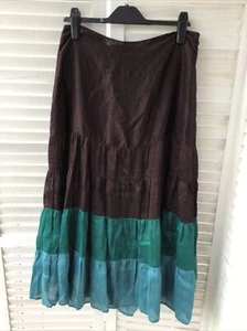 MONSOON 12 Lino Mezcla Seda Falda Maxi Larga Marrón Verde Azul Aqua Color Block - Imagen 1 de 7