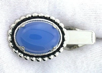 1 1/2  INCH 18x13 OVAL BLUE AGATE CABOCHON CAB SILVER COLOR TIE CLIP BAR EPTT327 - Image 1 of 2