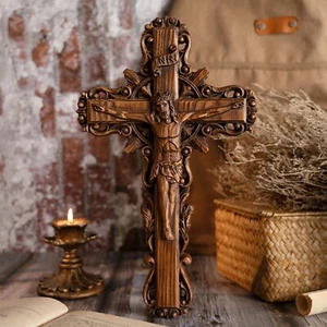 Jesus Wooden Cross Crucifix Christian Jesus Christ Ornament Catholic 12.6 inches - Picture 1 of 5