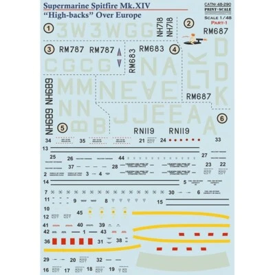Supermarine Spitfire Mk.XIV High Backs Part1 Decals 1:48 PS 48-290 for model kit - Image 1 of 3
