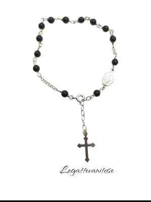 bracciale uomo/donna argento 925 pietre naturali nere. bracciale rosario croce - Immagine 1 di 4