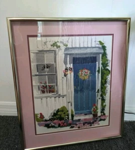 Vintage Framed 18 X 21 Door Landscape Crewel Embroidery Long Stitch - Picture 1 of 4