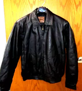 NWT Black Leather Jacket Zip Front Genuine Original Windbreaker men's LT - Picture 1 of 3