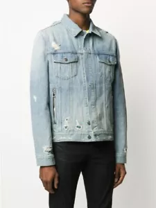$2K BALMAIN men denim jean logo embroidered distressed ripped jacket XL - Picture 1 of 24