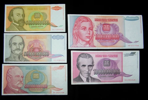 500,50,10,5,1 Billion Yugoslavia Dinara /5 Banknotes lot~1993 vintage currency Cover