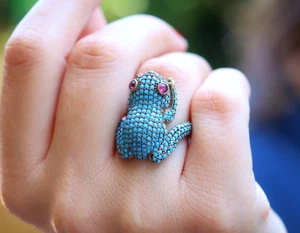 Frog Turquoise Ring Lab Created Turquoise 925 Sterling Silver Bronze Ring - Picture 1 of 9