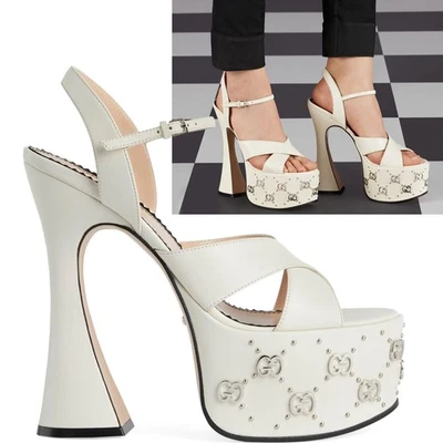 GUCCI SHOES JANAYA GG LOGO STUD PLATFORM WHITE LEATHER SANDALS $1,290 41 11 - Image 1 of 4