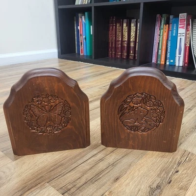 Sujetalibros Vintage Madera Tallada Mariposa Rana Floral Naturaleza Decoración 8" Par Taiwán Foto 1 de 4