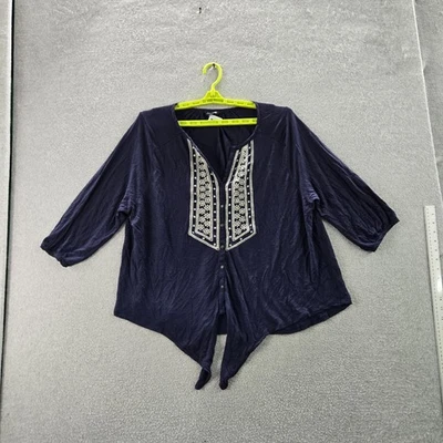 Lucky Brand Women Blouse 3X Blue Embroidered Button V-Neck Front - Image 1 of 4