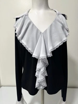 Blusa para mujer Joseph Ribkoff blanca y negra con volantes delanteros manga larga talla 8 Foto 1 de 4