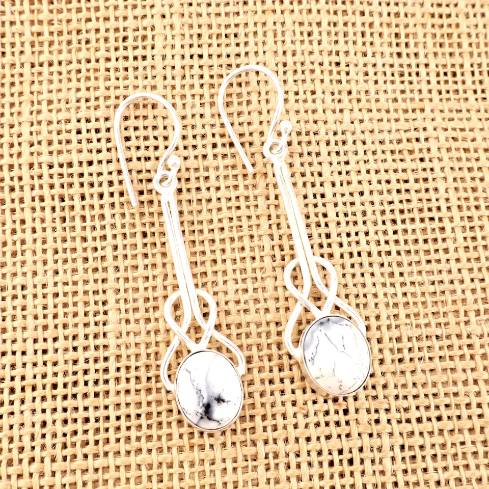 Brinco de prata esterlina 925 feito à mão com pedra preciosa opala dendrito natural 1,7" - Imagem 1 de 4