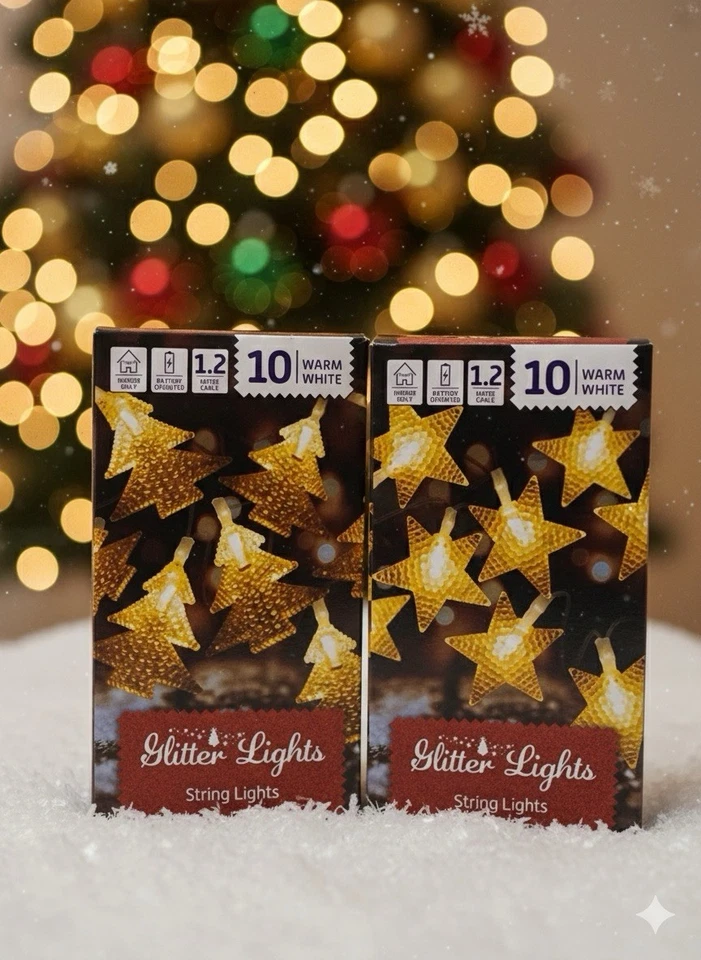 2x NEW Glitter Lights String Lights - 10 Warm White LED Stars & Trees - Indoor - Image 1 of 4