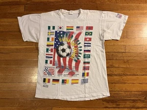 VINTAGE 1994 World Cup USA Flags Shirt Men’s Large White All Over Print 90s - Picture 1 of 13