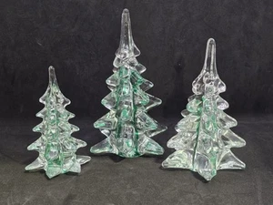 Set of 3 Vintage ART GLASS Christmas Trees Clear & Green Swirl 4.25" 5.25" 6.25" - Picture 1 of 14