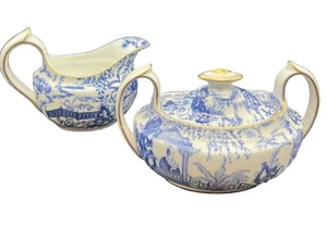 c.1929 Royal Crown Derby Mikado Blue Sugar Bowl w/Lid & Creamer England Pristine - Picture 1 of 18