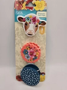 The Pioneer Woman Magnetic Bag Clips Set of 3 Cow, Floral, Polka-dots NEW  - Picture 1 of 5