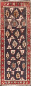 One-of-a-Kind Geometric Charcoal Ardebil Oriental Hand-Knotted 4'x9' Runner Rug - Picture 1 of 12
