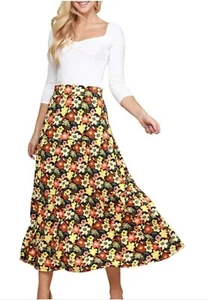 DOUBLJU Women's High Waist Floral Maxi Skirt With Double Shirring NWT Sz. Medium - Picture 1 of 12