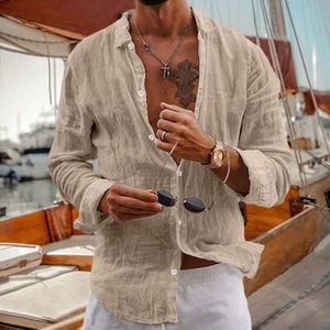 🔥Camisa de manga larga para hombre cuello redondo camisa de lino camisa informal de negocios camisa verano - Imagen 1 de 15