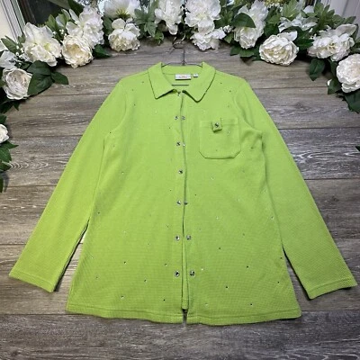 Quacker Factory Bling Jacket Extra Small XS Rhinestone Green Waffle Cardigan - Image 1 of 4