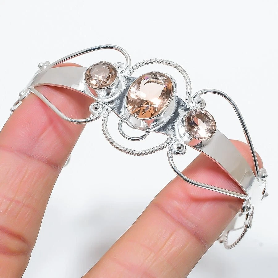 Brazalete ajustable de plata de ley 925 hecha a mano con piedras preciosas de morganita melocotón Foto 1 de 1