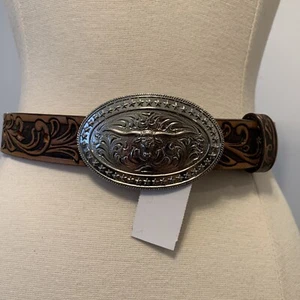 Justin American Flag Western Brown Embossed Leather Boy Belt Sz. 18 NWT Made USA - Picture 1 of 2