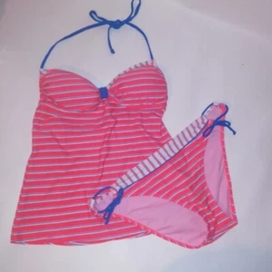 SO! Swim Bikini 2 Piece Set Large Top XL Bottom Pink White Blue Stripe - Picture 1 of 6
