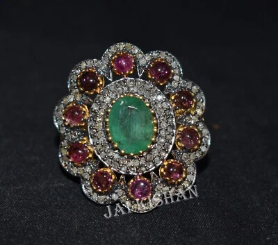 Echter Smaragd Turmalin Edelstein 925 Sterlingsilber Pflastern Diamant Retro Mit - Bild 1 von 4