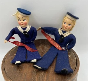 Vintage Boy Felt Sailor Dolls Navy Red Banner M.N. “C.Colombo” & “M.N. Vulcania” - Picture 1 of 11