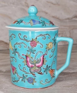 Vintage Turquoise Famille Rose Lidded Mug – Jingdezhen Porcelain, Floral Scroll - Picture 1 of 9