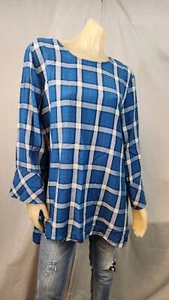 J Jill Blouse Blue White Plaid XL XLARGE Tunic 3/4 Slv Round Neck Top Shirt USED - Picture 1 of 7