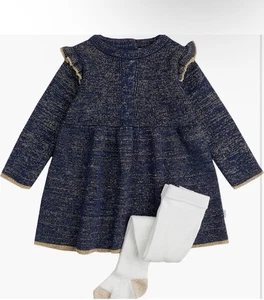 New Firsts By Petit Lem Baby Girls Blue & Gold Knit Dress & Tights Size 18 Mo - Picture 1 of 11