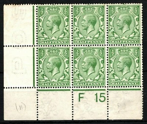 GB KGV Stamps N14(11) ½d Bright Yellow-green CONTROL *F15* Block 6 c£300+ SS4795 - Picture 1 of 6