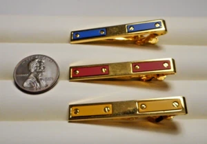3 Mod 1960s Men's Pierre Cardin Gold-tone Tie Bar Clips w Blue, Red & Yellow - Picture 1 of 9