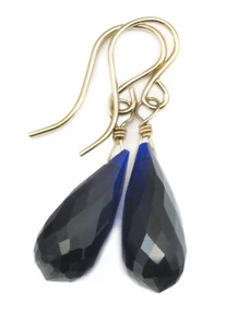 14k Gold Cubic Zirconia Earrings Blue Simulated Sapphire CZ Sterling Briolette - Picture 1 of 4