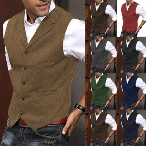 Men Tweed Vest Vintage Western Cowboy Wool Herringbone Formal Vests Large XL XXL - Picture 1 of 17