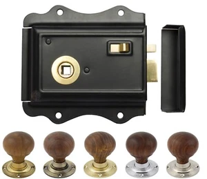 Old English Victorian Style Latch Lock Snib + Rosewood Bun Rim Door Knob Set - Picture 1 of 7