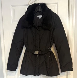 Strenesse Blue Down Black Puffer Jacket Full Zip Faux Fur Collar Women’s Size 2 - Picture 1 of 10