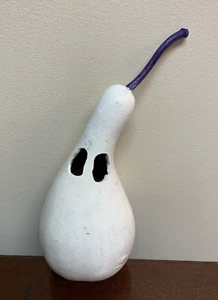 Halloween Gourd White Ghost Cut Eyes 10" With Purple Stem Pear Shape Shaped - Picture 1 of 4