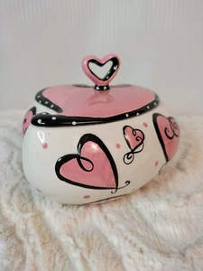 2006 Heart Shaped Ceramic Valentine Candy Jar & Lid Pink Black White Polka Dots - Picture 1 of 9