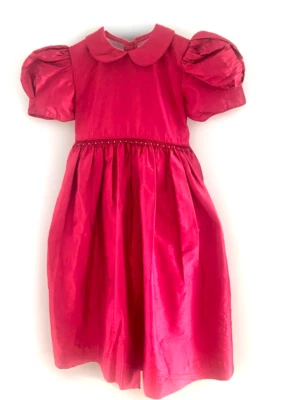 Beautiful 10 Girls Red Strasburg Dress Smocked w Pearls 100% Silk Puffed Sleeve - Image 1 of 4