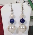 Simulated Pearls, Lapis Lazuli Earrings With Silver Plated Beads.2" Long. 39
