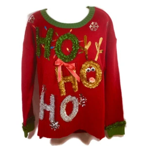HO HO HO Ugly Christmas Sweater women's size L tinsel United States brand i - Picture 1 of 7