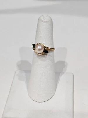 ANILLO ORO AMARILLO 14K PERLAS Y ESMERALDAS TALLA 5.5 VINTAGE Foto 1 de 4