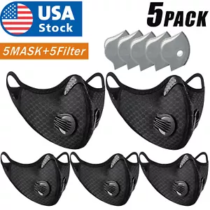 5PACK Reusable Dual Air Valve Cycling Sport Face Mask Cover PM2.5 Carbon Filter - Picture 1 of 12