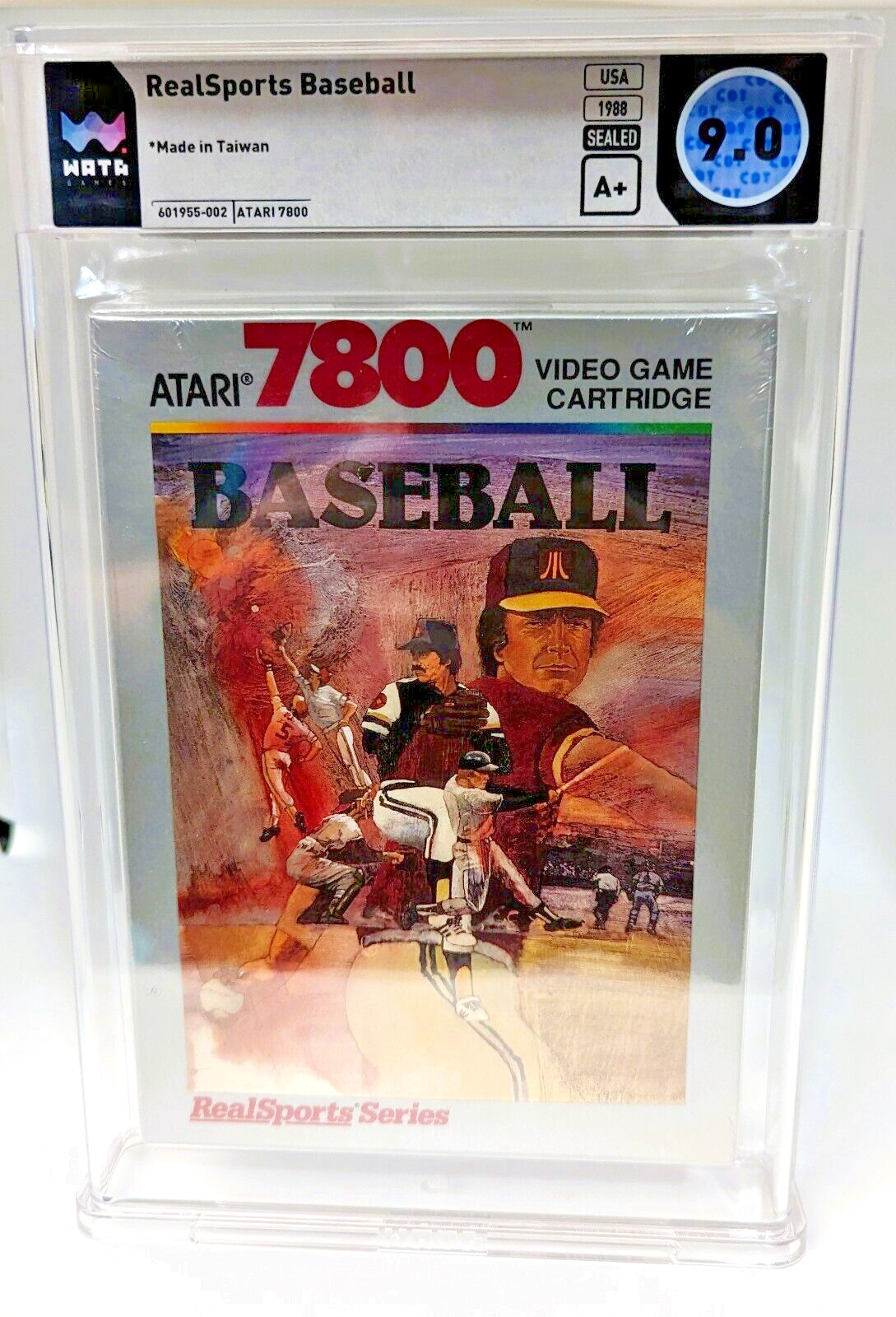 1988 RealSports Baseball Atari 7800 Wata 9.0 Seal A+ Sealed Silver Box Flip Top