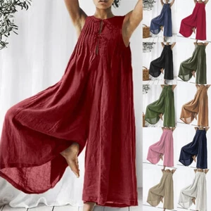 Women Loose Sleeveless Summer Playsuits Wide Leg Pants Cotton Linen Jumpsuits - Picture 1 of 22