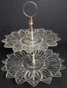 Federal Glass Co. 2 Tier Tidbit Serving Tray With Handle Petal Pattern Clear - Picture 1 of 12